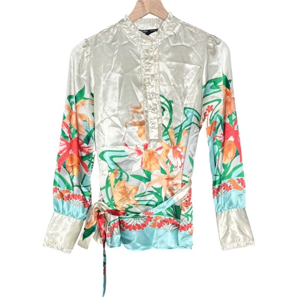 Hale Bob Tops - Hale Bob Floral Satin Blouse Size XS Removable Belt Tropical